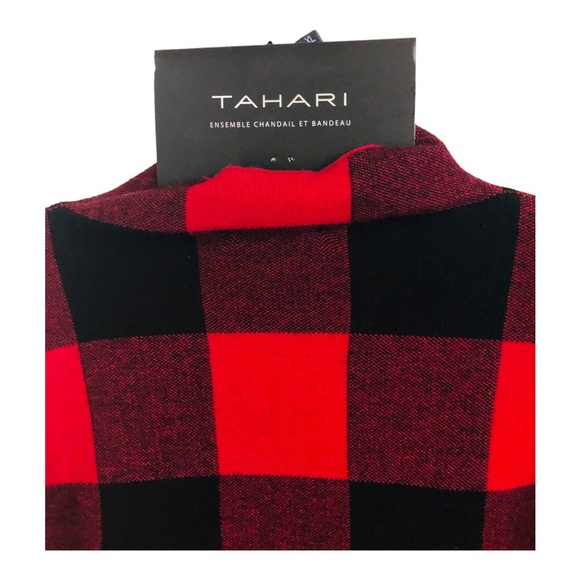 Tahari red & black plaid look mock neck sweater &‎ knotted headband size XL new - Picture 6 of 11